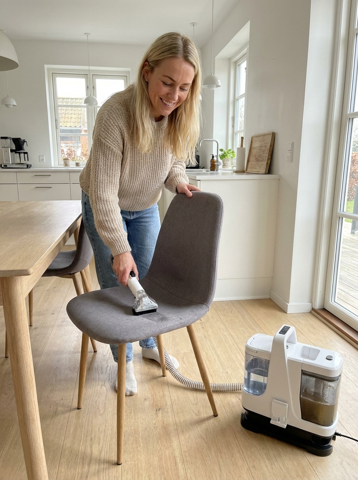 Kvinde renser spisestuestol med LBL Vantage 9