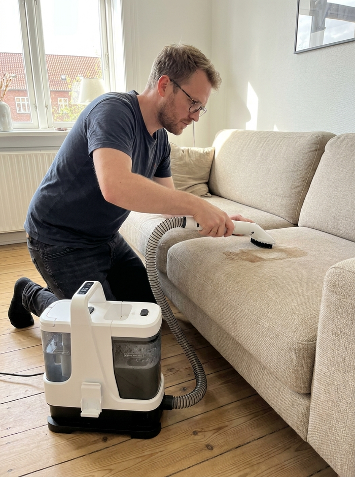 Mand renser sofa med LBL Vantage 9