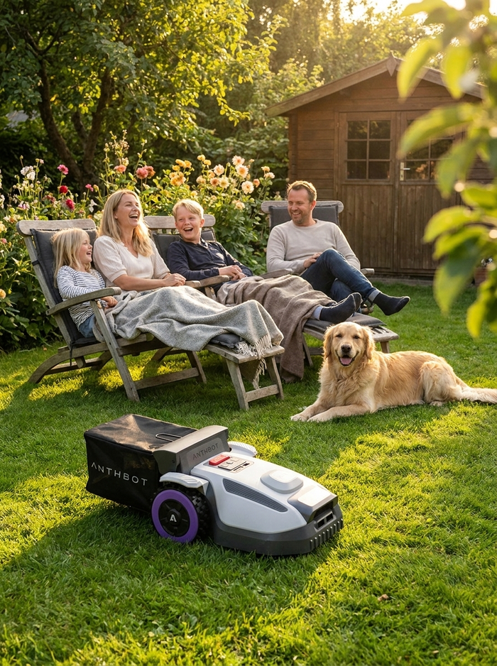 Familie slapper af i haven mens Anthbot N8 klør