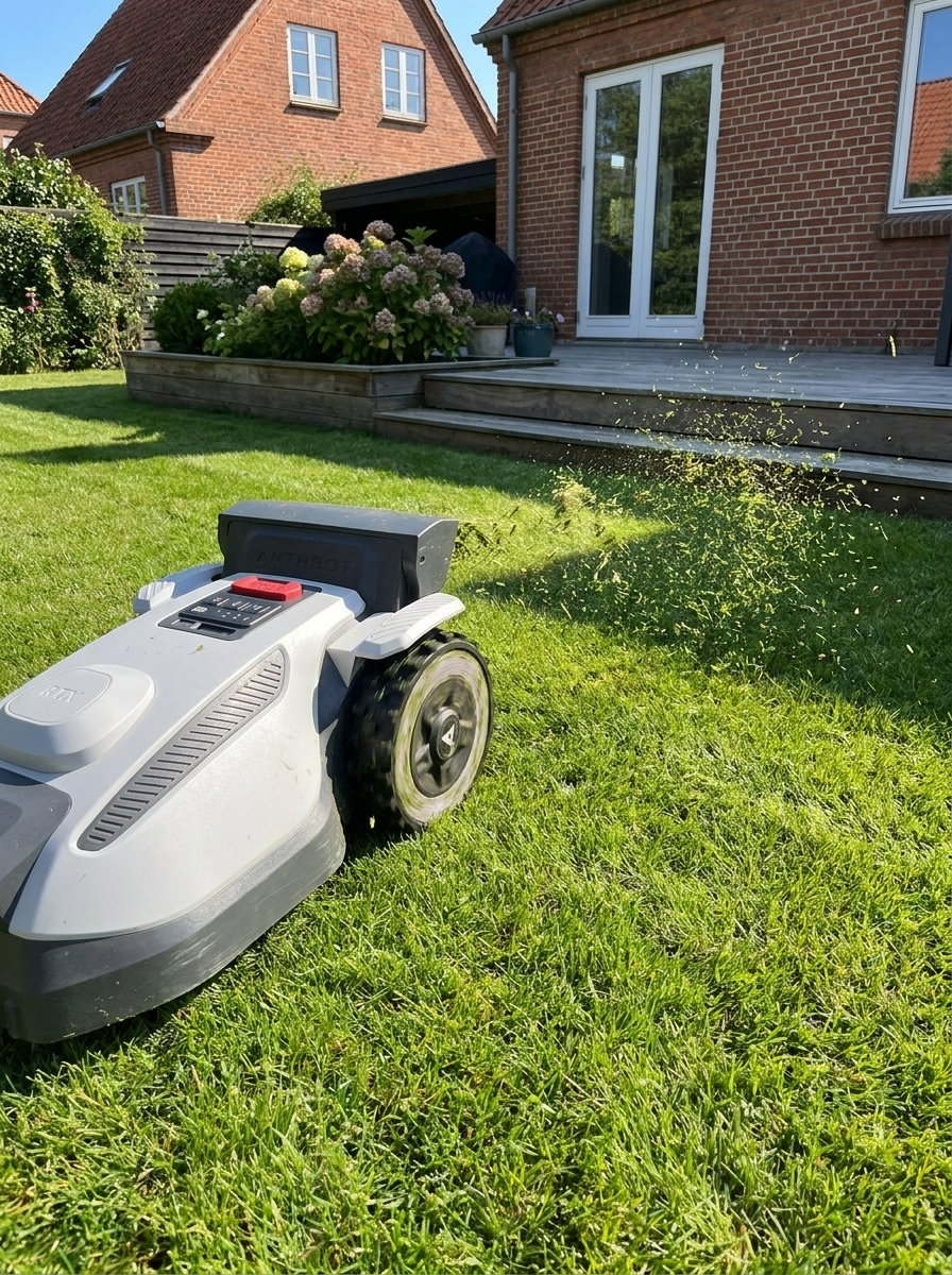 Anthbot N8 spreder afklip ud over plænen