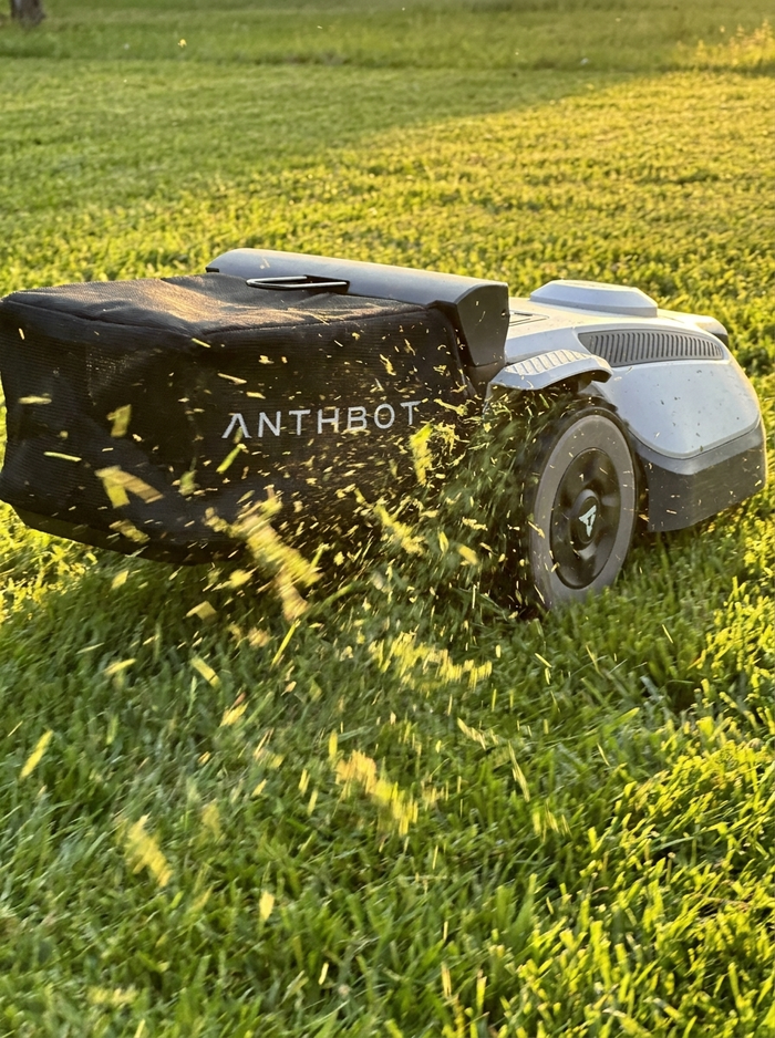 Græsafklip sprøjter ud bag Anthbot N8